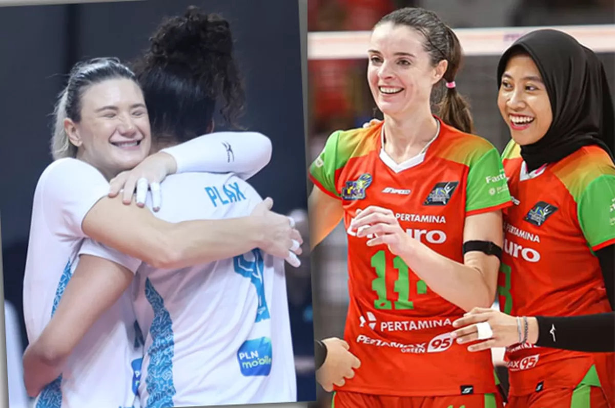 Megawati Hangestri dan shcherban(kanan) menikmati atmosfer panas Proliga 2026 Seri Pontianak saat Pertamina Enduro bangkit dari ketertinggalan dua set dari Jakarta Electric PLN yang di motori Neriman Ozsoy dan Celeste Elle Plak.   (Dok. Proliga 2026 - Instagram Jpevolley)