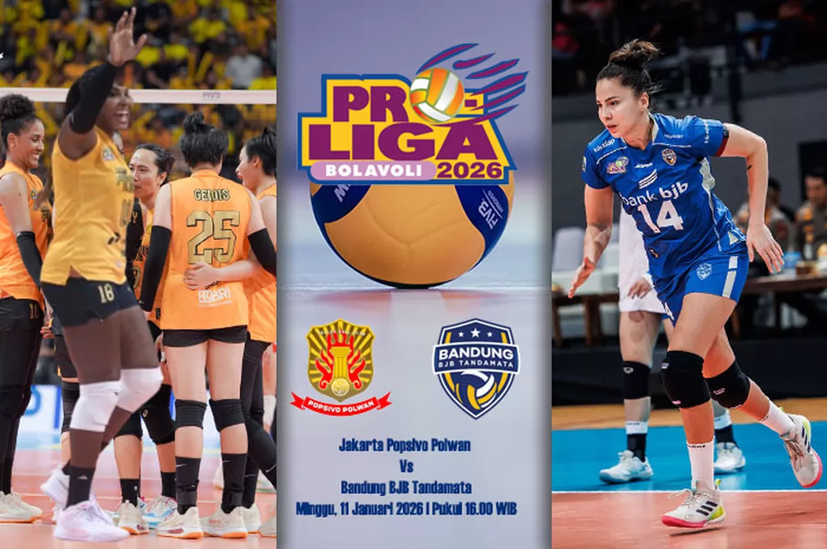 Jakarta Popsivo Polwan dan Bandung BJB Tandamata bentrok di Proliga 2026, laga krusial perebutan posisi puncak seri Pontianak,&nbsp;Minggu, 11 Januari 2026. (Instagram/popsivopolwan - bandungbjbtandamataofficial)
