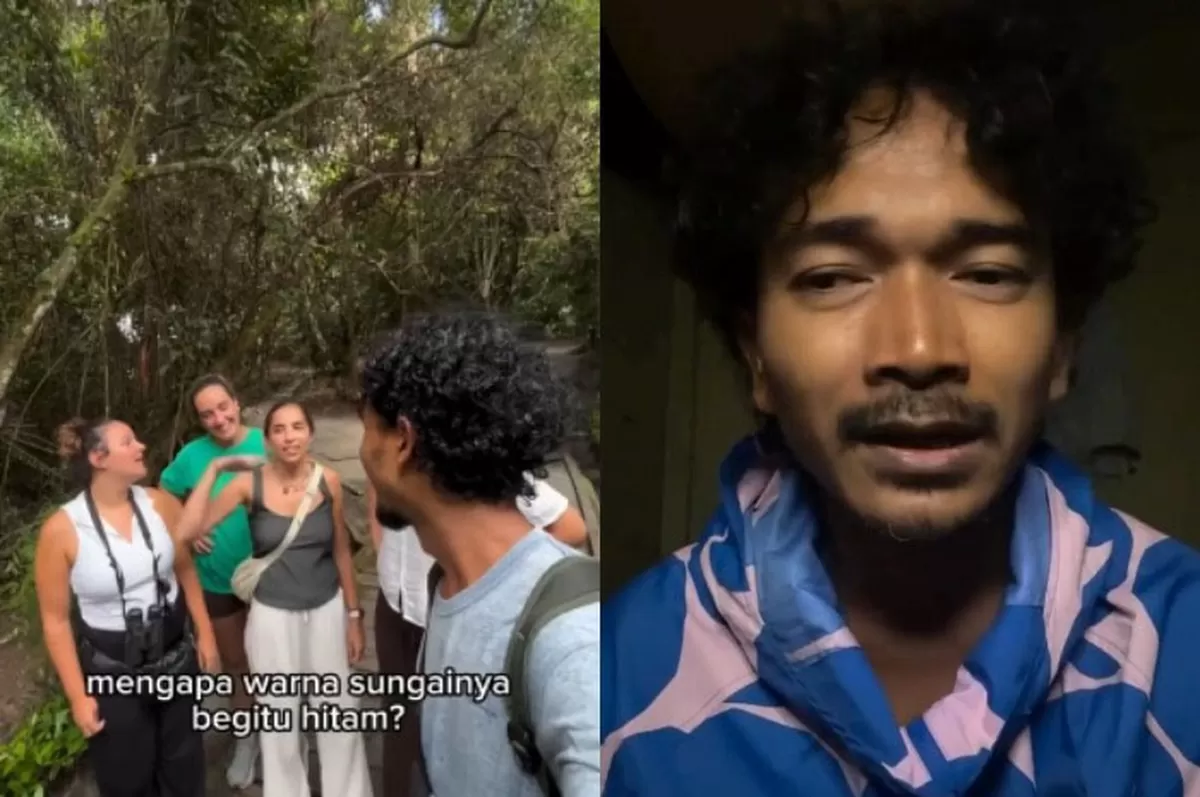 Tour guide Kalimantan menjelaskan fakta sungai air hitam yang alami, namun kini terancam pencemaran akibat aktivitas tambang emas.   (Instagram.com/@orangudeny)