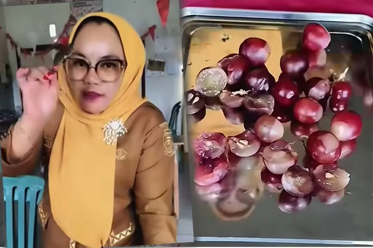 Kepala SDN 3 Sindang Sri Lampung Utara memprotes menu MBG berlendir dan buah busuk, desak dapur bertanggung jawab.   (TikTok/kanjengida1408)