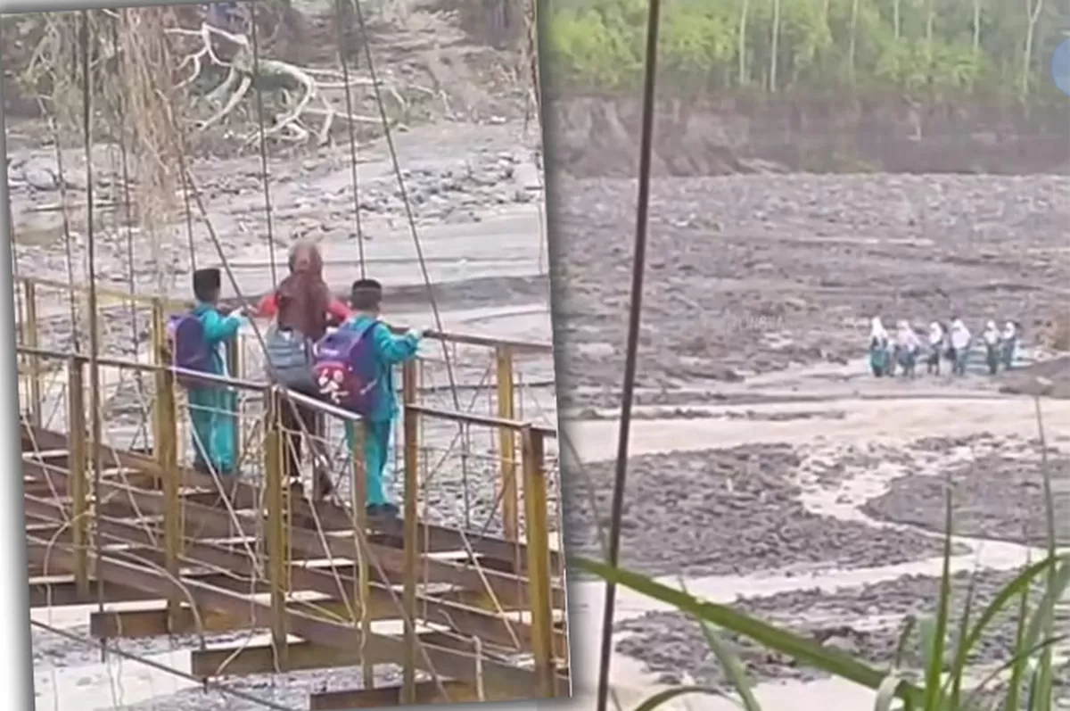 Anak-anak Aceh Tengah menyeberangi jembatan gantung tinggal rangka demi sekolah, di tengah status tanggap darurat pascabanjir. (Instagram/lingkaran_gayo)