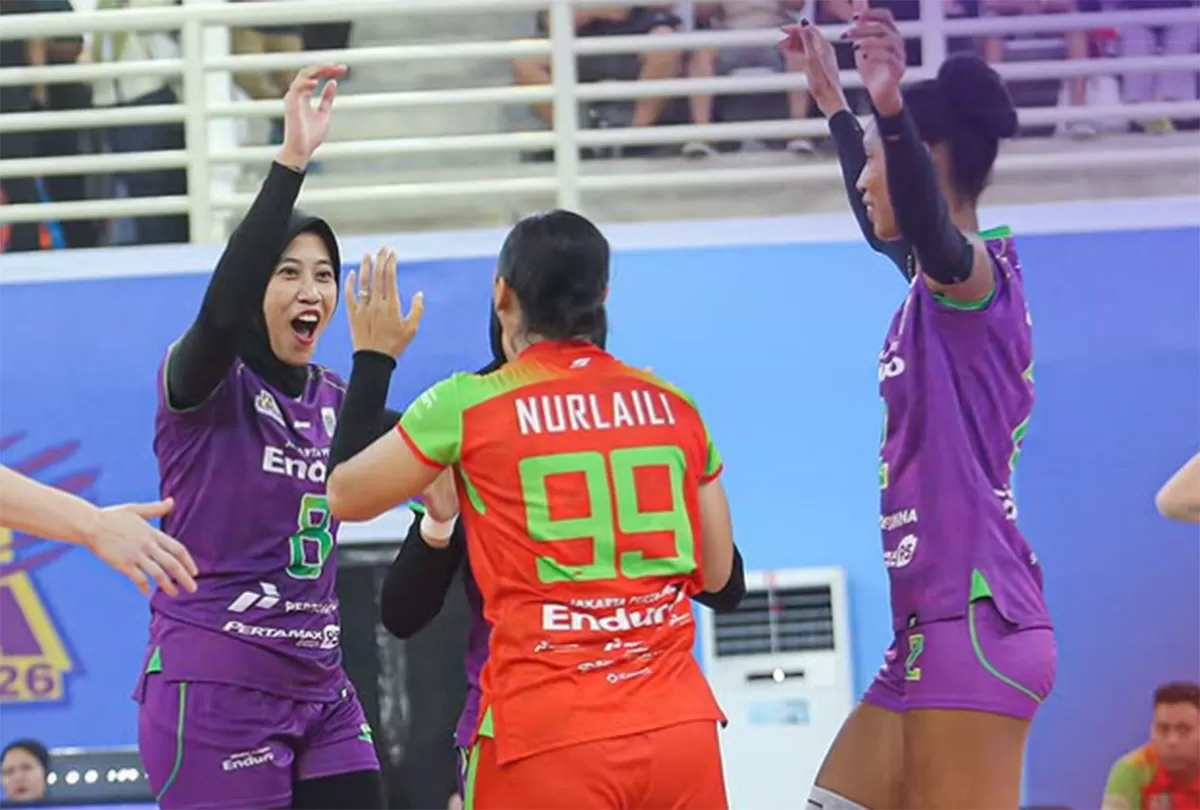 Proliga 2026 Seri Medan, Pertamina Enduro menang atas Livin Mandiri lewat permainan solid Megawati dan kawan-kawan, Jumat 16 Januari 2026 malam. (Tangkapan layar Moji TV)