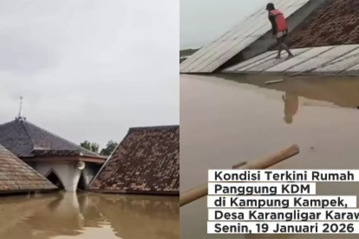 Banjir di Desa Karangligar Karawang merendam rumah panggung KDM, pemukiman warga, serta sekolah dengan ketinggian air dilaporkan lebih 3 meter. (Instagram.com/karawanginfo_official)