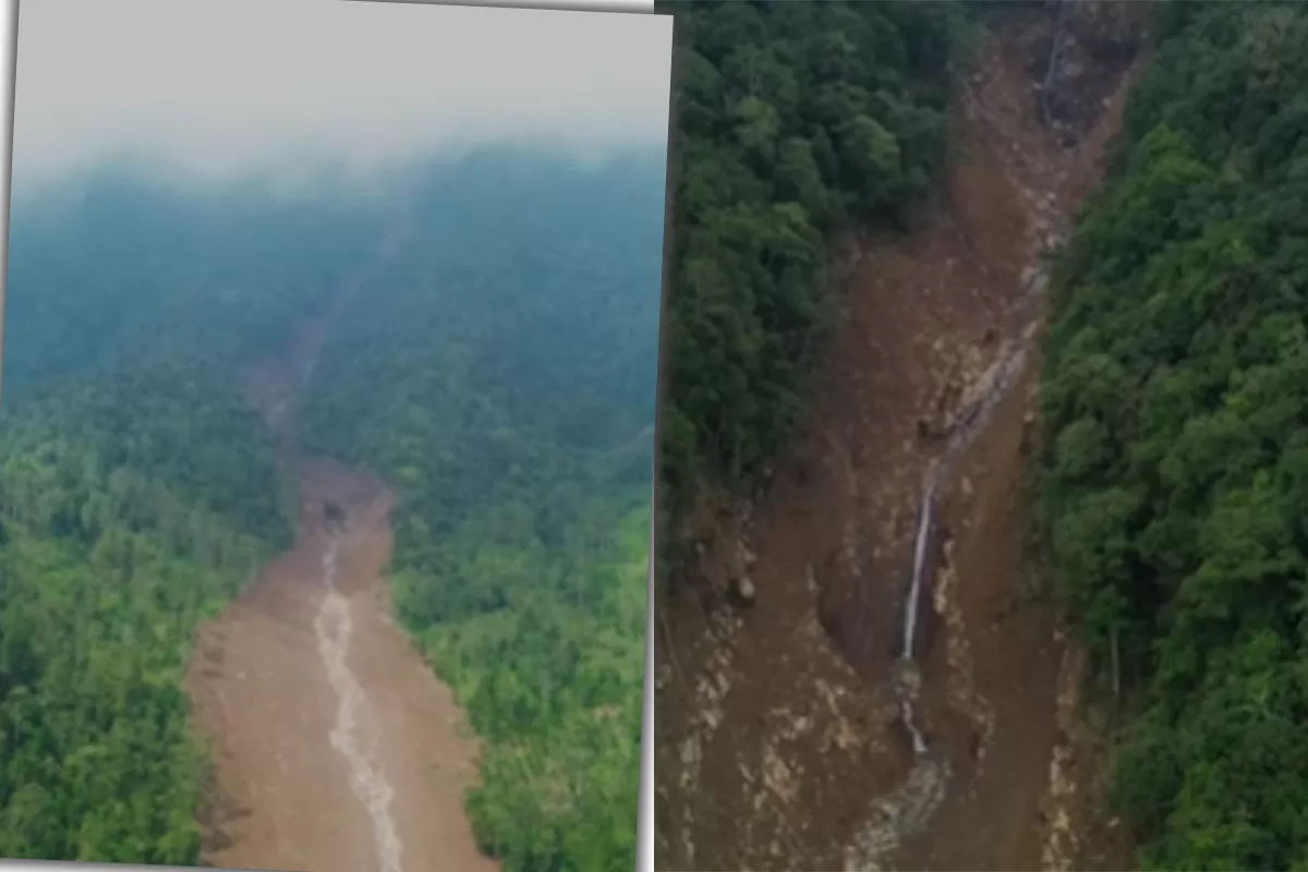 Rekaman udara longsor Cisarua viral di media sosial, menampilkan lereng perbukitan terbelah dan jejak material longsoran.     (Instagram.com/@elanzaelaniii)