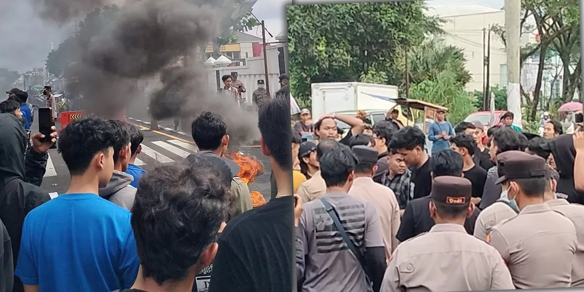 Aksi ratusan mahasiswa yang tergabung dalam Pergerakan Mahasiswa Islam Indonesia (PMII) Kota Tasikmalaya didepan Gedung Balaikota Tasikmalaya, Jumat, 30 Januari 2026 berlangsung ricuh.  (Dok. Asep M.S)