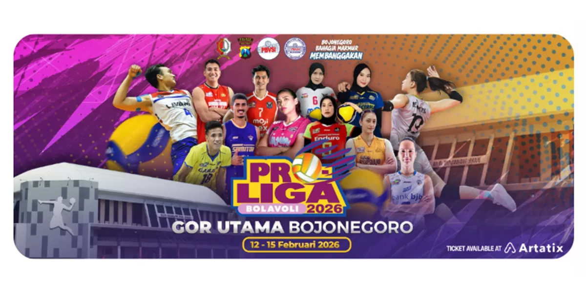 Dapatkan tiket Proliga 2026 seri Bojonegoro sekarang dan saksikan aksi smash dan rally seru dari tim terbaik nasional.&nbsp;Simak cara beli tiket Proliga 2026 seri Bojonegoro selengkapnya. (Dok. Artatix)
