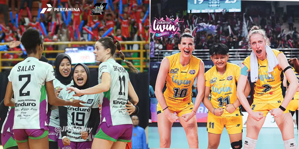 Atmosfer big match Proliga 2026 seri Bojonegoro tersaji saat Jakarta Pertamina Enduro menghadapi Jakarta Livin Mandiri menuju Final Four. (Instagram/jpevolley - jkt.livinmandiri)