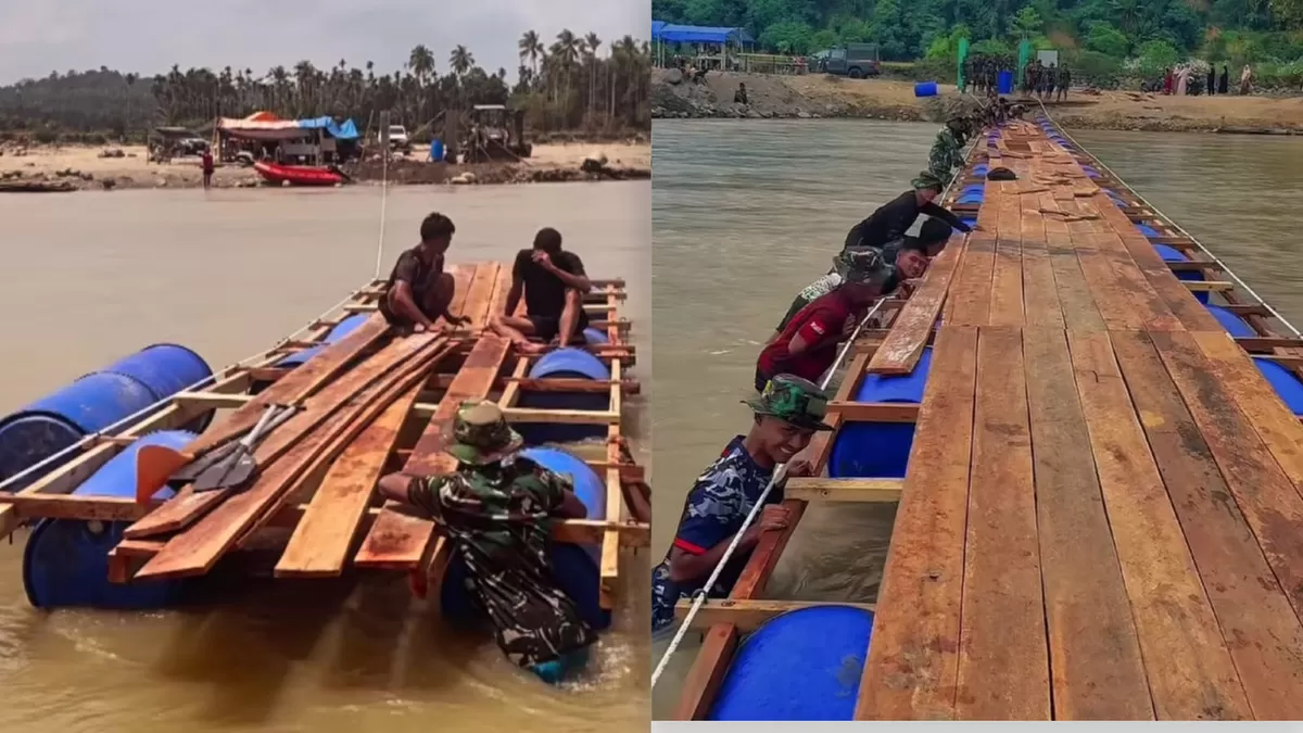 Jembatan apung di Kecamatan Sawang, Aceh Utara hampir rampung usai lebih dari 2 bulan pascabanjir. Warga Aceh Utara segera tinggalkan getek Rp20 ribu.  (Instagram/rully_xabian)