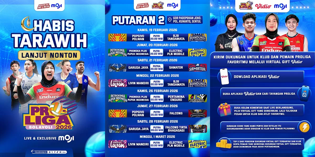 Proliga 2026 seri Bogor dari Padepokan Voli Sentul bisa ditonton siaran langsung via Moji TV dan streaming Vidio, simak jadwal Proliga 2026 seri bogor. (Instagram/mojisports)