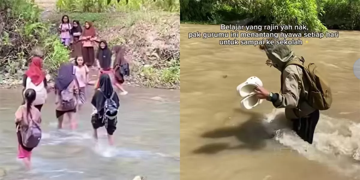 Siswa dan guru di Sulawesi Tengah harus menyeberangi sungai saat pergi sekolah.  (Instagram/najib_nadir)
