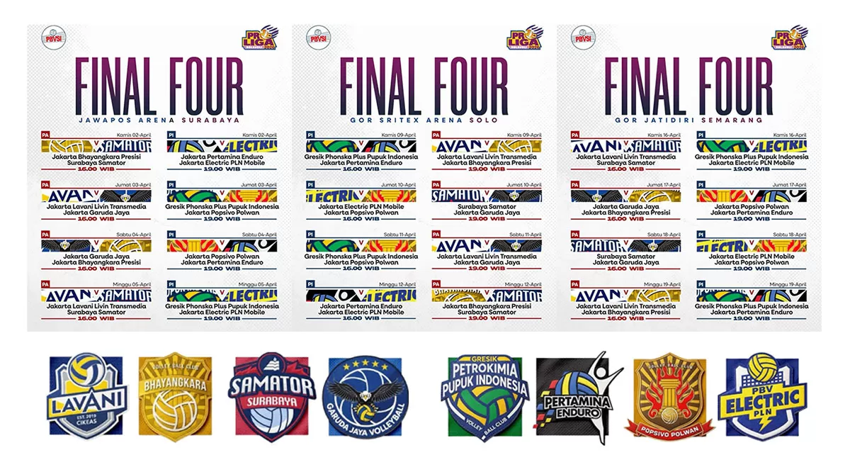 Jadwal lengkap Final Four Proliga 2026 akan digelar di Surabaya, Solo, dan Semarang. Delapan tim terbaik bersaing memperebutkan tiket Grand Final. (Dok. PBVSI)
