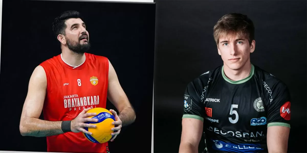 Menjelang Final Four Proliga 2026, Jakarta Bhayangkara Presisi dirumorkan mengincar opposite Belgia Basil Dermaux (kanan)  sebagai pengganti Aimal Khan (kiri).   (Instagram/bhayangkaravolley - dermauxbasil)
