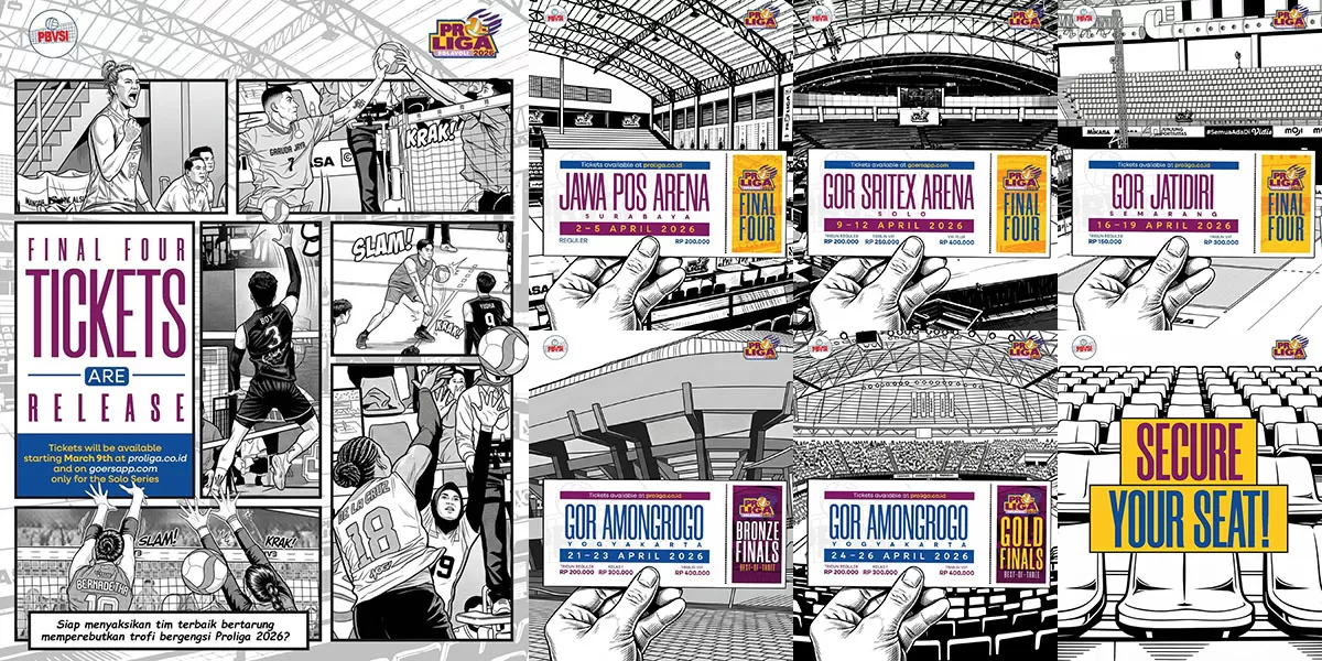 Cara beli tiket final four Proliga 2026 sudah diumumkan. Cek pilihan harga tiket dan jadwal pertandingan di Surabaya, Solo, Semarang hingga Yogyakarta. (Dok. PBVSI)