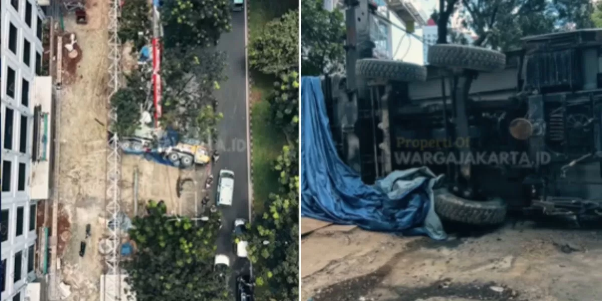 Menyoroti insiden truk crane yang terguling di jalan raya kawasan Tebet, Jakarta Selatan (Jaksel), pada Jumat, 13 Maret 2026.  (Instagram.com/@wargajakarta.id)
