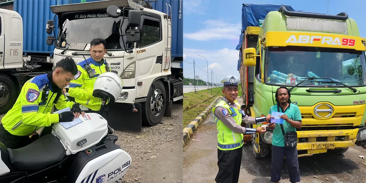 Petugas Polda Jawa Barat menindak truk sumbu tiga yang masih beroperasi di jalur tol dan arteri selama periode pengawasan arus mudik. (Dok. AMS)