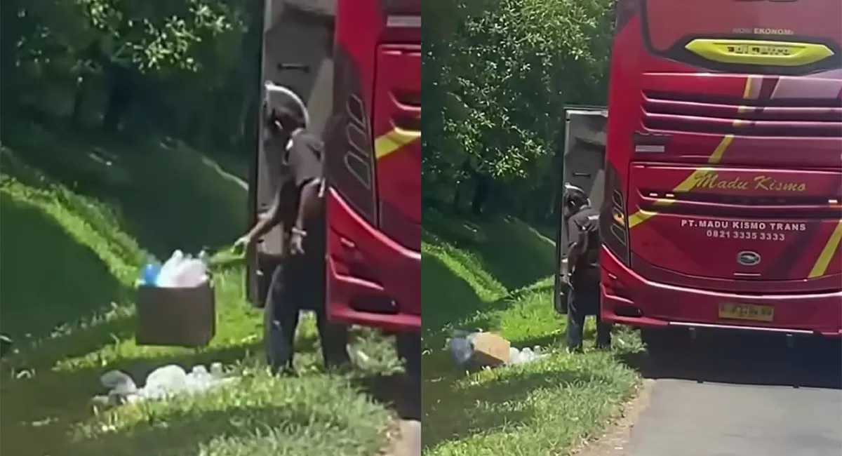 Video Bus Madu Kismo buang sampah di tol viral. Klarifikasi kru dan respons admin Bus Madu Kismo memicu sorotan warganet. (TikTok/sandiadista0)