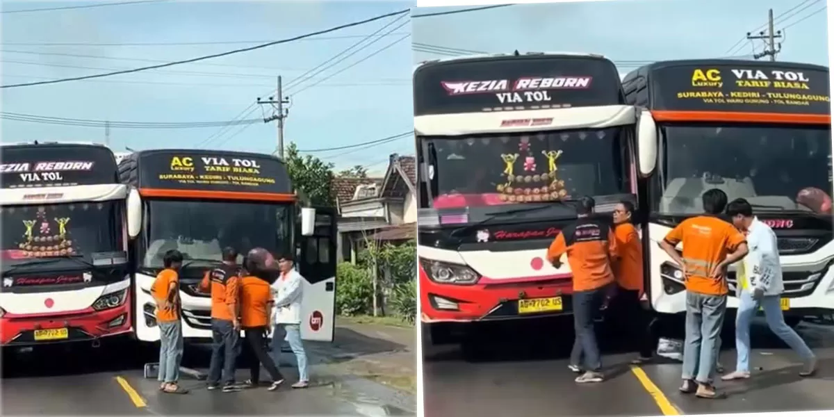 Kronologi senggolan bus Kediri di simpang Branggahan picu awak bus viral. Insiden ini sempat bikin lalu lintas tersendat. (Instagram/eksistulungagung)