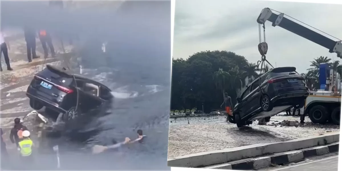 Mengintip insiden kecelakaan tunggal mobil BYD yang terjadi di kawasan Bundaran HI, Jakarta Pusat, pada Rabu, 25 Maret 2026.     (Instagram/jktproud)