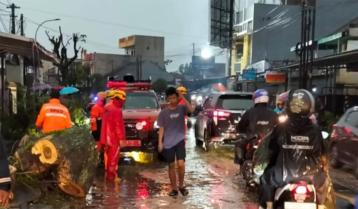 Petugas dari BPBD Kota Tasikmalaya melakukan upaya penanganan pohon tumbang di sejumlah titik yang terjadi di Kota Tasikmalaya akibat cuaca ekstrem. (Dok. AMS)