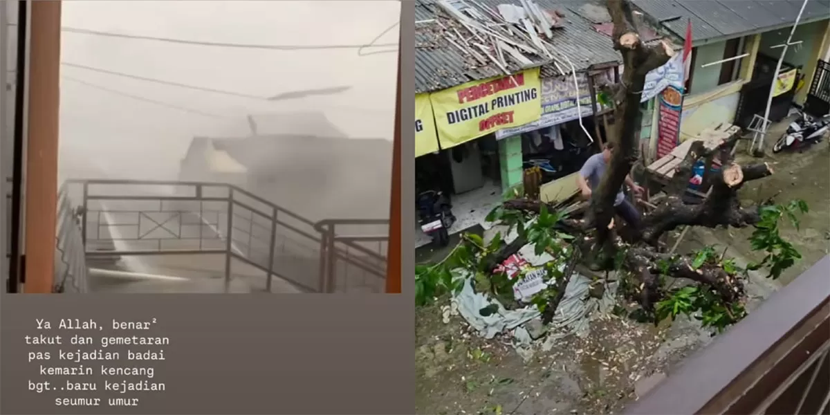 Hujan deras angin kencang terjang Cikarang Selatan. Warga bagikan pengalaman mencekam saat badai rusak rumah dan lingkungan sekitar. (Instagram/shashe_family)