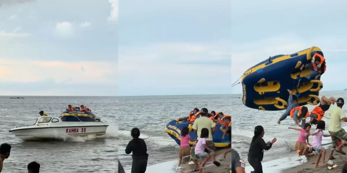 Viral insiden wahana laut di Pantai Ammani, Kabupaten Pinrang, Sulawesi Selatan,&nbsp;Donat boat terhempas saat manuver, korban alami memar dan sempat dirawat di Puskesmas. (TikTok/esztycomell)