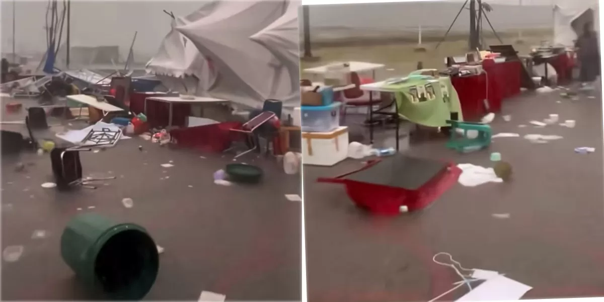 Tenda bazar di Gading Serpong roboh diterjang angin kencang saat acara Pesta Budaya Rakyat. Pelaku UMKM&nbsp;merugi,&nbsp;Minggu sore (5/4/2026). (TikTok/gadingserpongupdate)