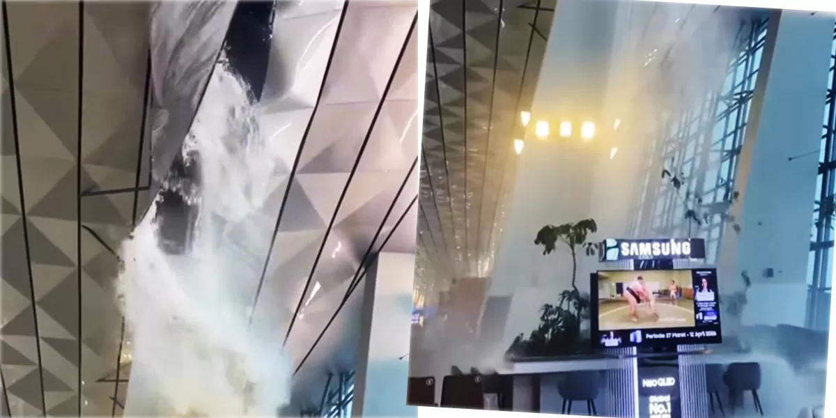 Momen atap Terminal 3 Bandara Soetta jebol terekam kamera saat hujan deras mengguyur Gate 7, pada Senin, 6 April 2026. (Instagram/jakarta.terkini)