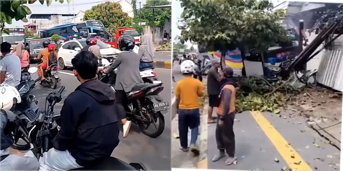 Kecelakaan bus vs truk boks di Mejayan Madiun picu proses evakuasi dramatis selama satu jam setelah kendaraan terdorong hingga hantam rumah warga. (Instagram/wisatamadiun)