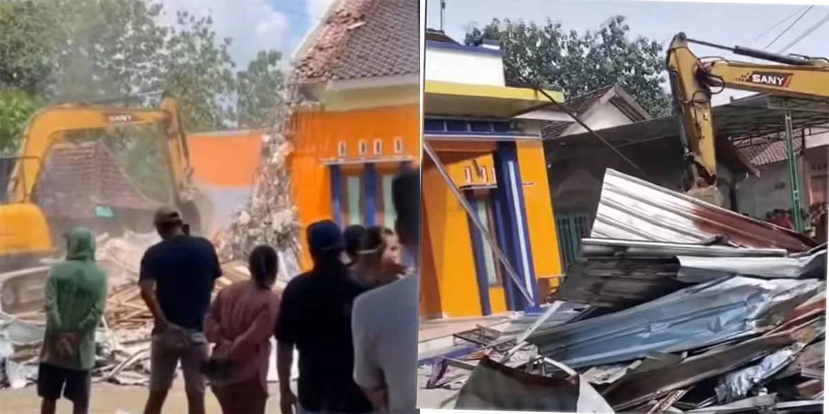 Prahara gono gini di Desa Karangawen memicu aksi viral pria di Pati robohkan rumah dengan alat berat, karena perselisihan keluarga.     (TikTok/bangisa)