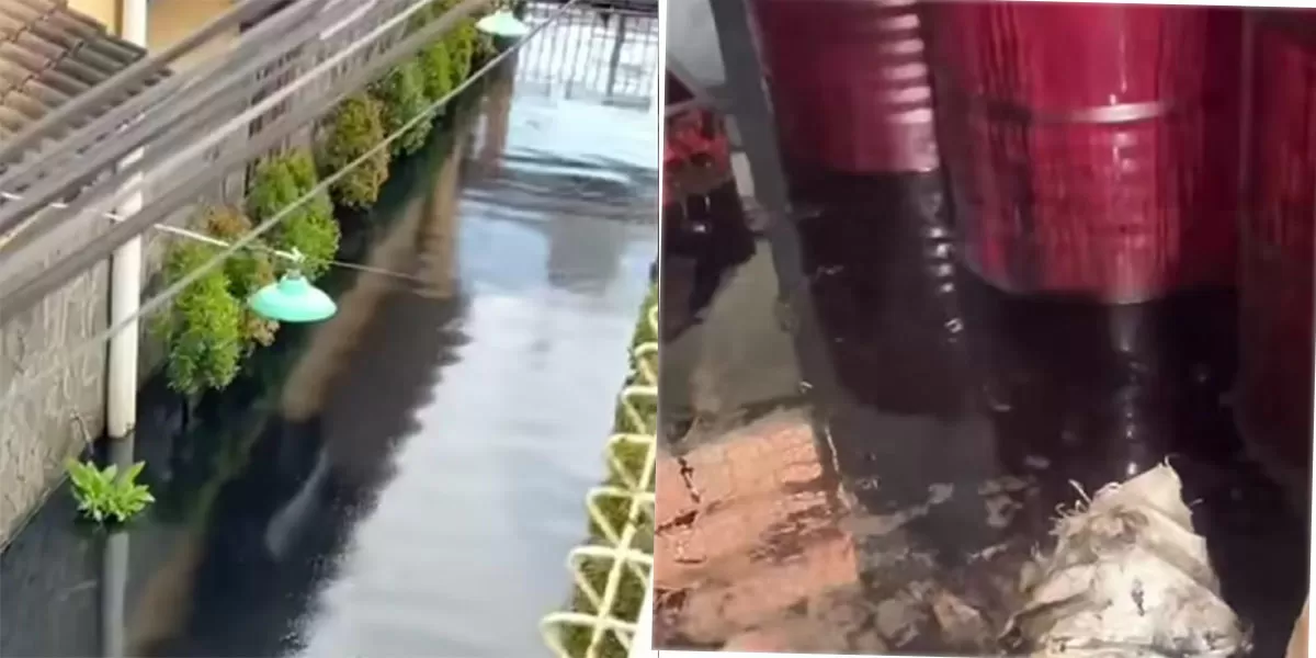 Warga Cemani keluhkan banjir berwarna hitam legam akibat luapan oli bekas. Sisa limbah sulit dibersihkan dan rugikan warga di perumahan Sukoharjo. (Instagram/infocegatansukoharjo)