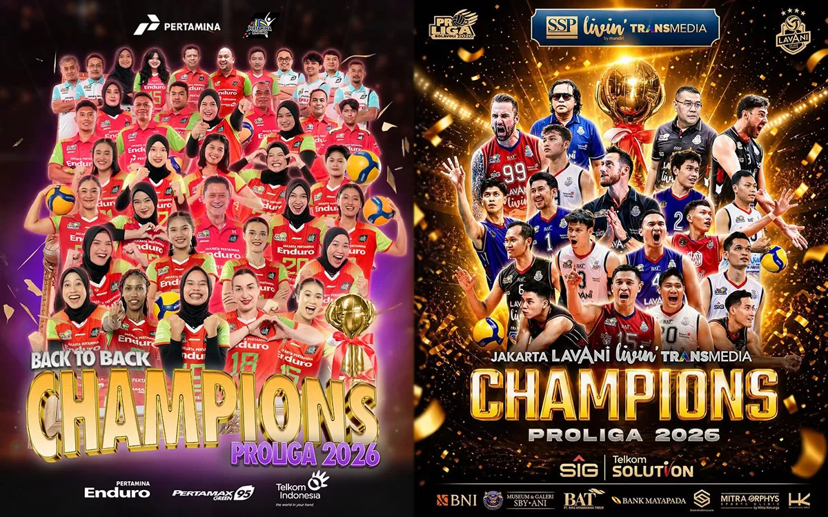Sempurna! Jakarta Pertamina Enduro dan LavAni berhasil mengunci gelar Juara Proliga 2026 sore ini. Simak hasil lengkap jalannya laga final di sini! (Instagram/jpevolley - lavani.forever)