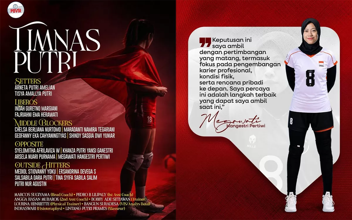 Megawati Hangestri Pertiwi putuskan rehat dari Timnas Voli Putri Indonesia. PBVSI menghormati keputusan tersebut demi karier profesional sang atlet. (Instagram/indonesian_volleyball)