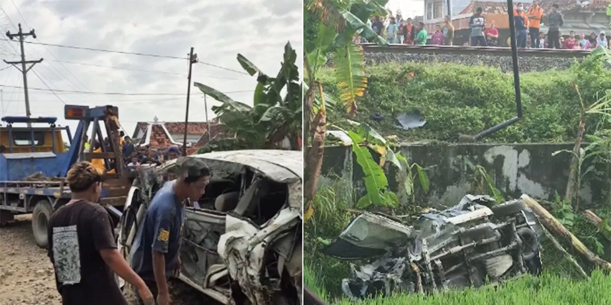 Sebuah mobil rombongan pengantar haji tertabrak KA Argo Bromo di perlintasan kereta Grobogan, mengakibatkan 4 korban tewas dan 5 orang lainnya luka. (Instagram/infopulokulon.id)