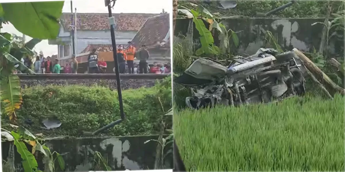 Kecelakaan tragis KA Argo Bromo di perlintasan kereta Grobogan menewaskan 4 orang. Mobil rombongan pengantar haji terpental hingga masuk ke sawah. (Instagram/infopulokulon.id)