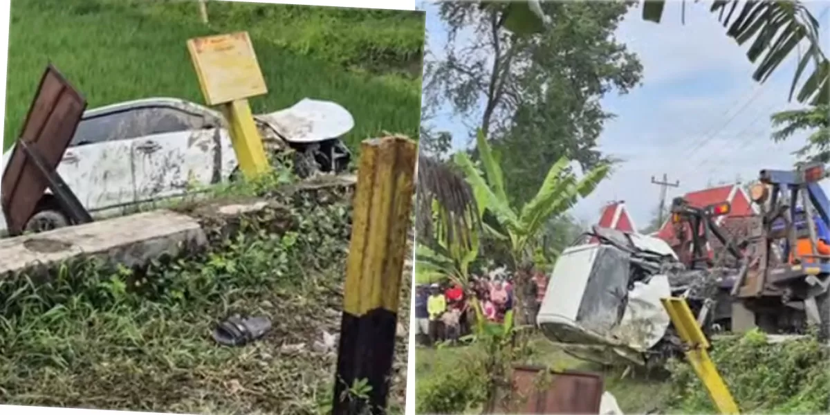 Sebuah mobil pengantar haji tertabrak KA Argo Bromo di perlintasan kereta tanpa palang pintu Grobogan, mengakibatkan 4 korban tewas dan 5 terluka. (Instagram/infopulokulon.id)