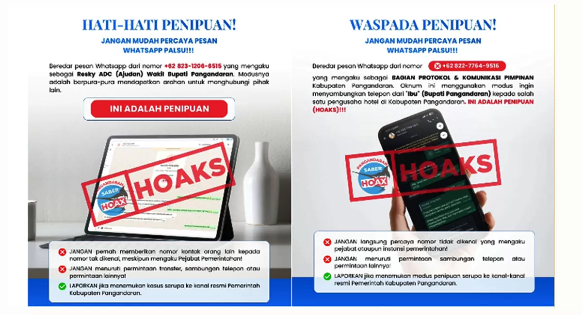Aksi penipuan via WhatsApp mulai menyasar warga Pangandaran dengan mencatut nama pejabat daerah. Cek kebenaran informasi sebelum menjadi korban hoaks. (Dok. Diskominfo Pangandaran)