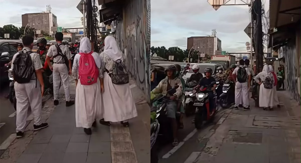 Momen viral saat sejumlah murid SMP adang pemotor di trotoar demi mempertahankan hak pejalan kaki dari para pelanggar lalu lintas jalanan. (TikTok/mgrrmp)
