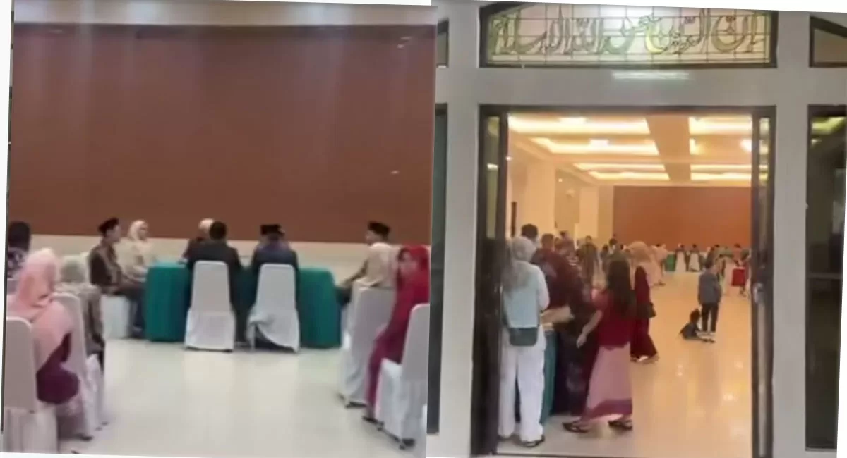 Gedung Islamic Center Bekasi kosong melompong tanpa dekorasi akibat penipuan WO Marwah. Akad nikah Feny dan Aldy berjalan sangat sederhana. (Threads/agyo_hadisuwarno)
