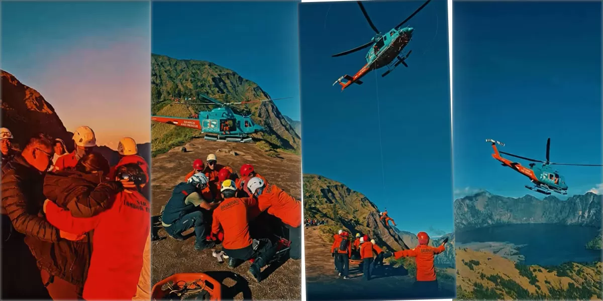 Detik-detik proses evakuasi menggunakan helikopter yang dilakukan oleh BASARNAS saat menjemput seorang pendaki asal Malaysia yang cedera di kawasan Gunung Rinjani untuk dibawa menuju Rumah Sakit Inmedika Bali. (Instagram/pos_sarkayangan)