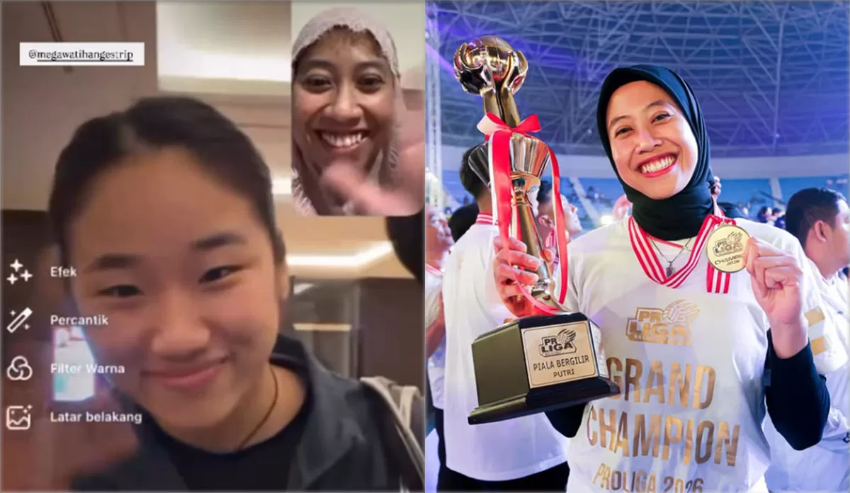 Megawati Hangestri dan An Se Young berbagi tawa dalam pertemuan daring jelang Indonesia Open 2026, memikat perhatian penggemar. (Instagram/megawatihangestrip)