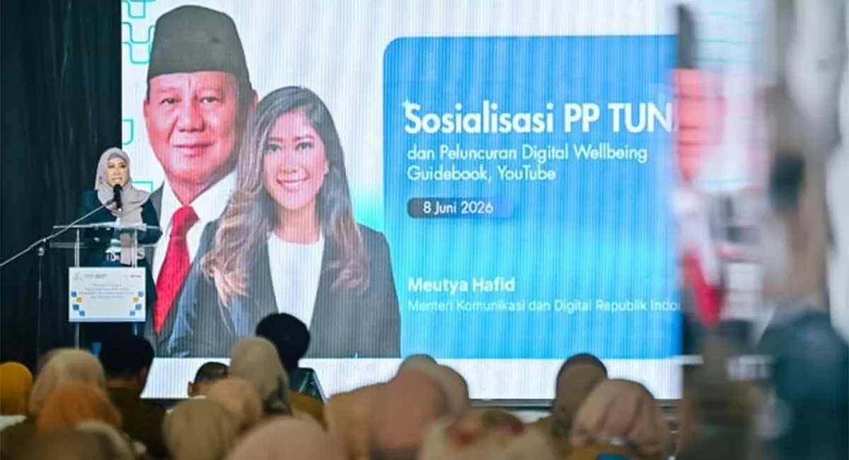 Meutya Hafid saat peluncuran di Garuda Spark, Jakarta Pusat, Senin (8/6/2026). Digital Wellbeing Guidebook hadir untuk membantu orang tua menerapkan perlindungan anak di ruang digital sesuai PP TUNAS. (Dok. Komdigi)