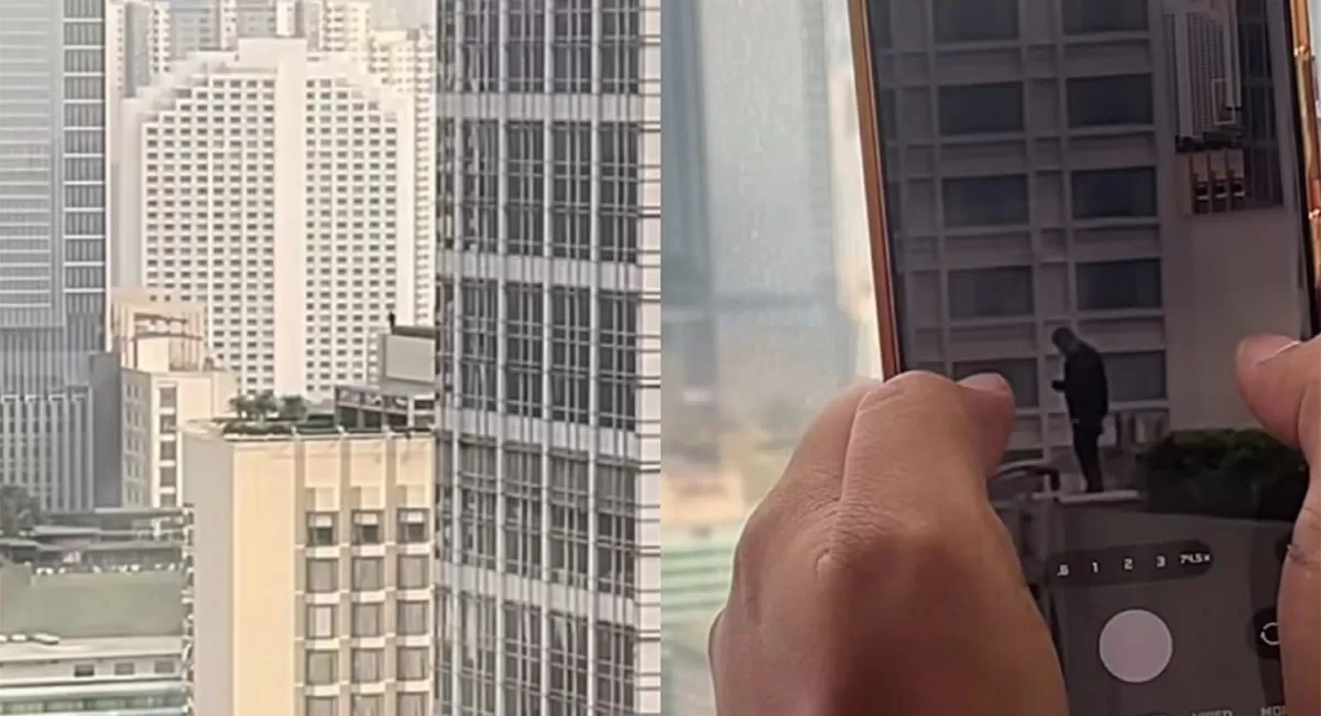 Video pria berbaju hitam di rooftop saat demo mahasiswa Bundaran HI viral. Warganet ajak masyarakat lebih waspada dan saling menjaga.   (Threads/gabriellaovc)