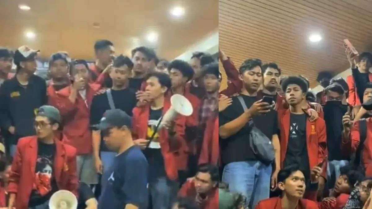 Viral pria diduga intel diamankan mahasiswa UMY. Polda DIY memastikan yang bersangkutan adalah anggota yang bertugas mengawal aksi. (Instagram/umy_bergerak)