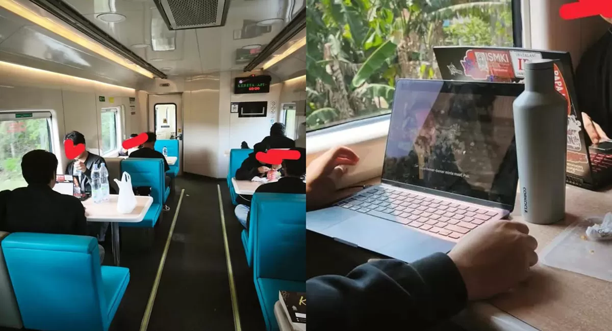 Penumpang KAI keluhkan restorasi kereta berubah jadi co working space, meja makan dipakai laptopan hingga menimbulkan polemik di media sosial. (Threads/ppaidimsum)