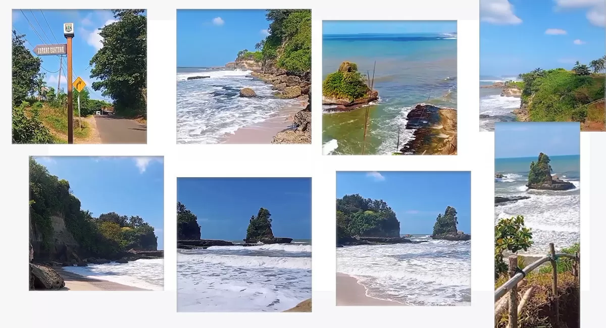 Pantai Karang Gantungan Sukabumi dijuluki Tanah Lot Jawa Barat. Hidden gem pesisir selatan dengan panorama karang unik dan alam asri.   (Instagram/dispar_kab.sukabumi)