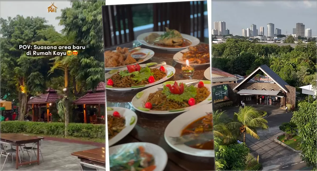 Wisata kuliner Tangerang di Taman Santap Rumah Kayu menghadirkan suasana adem, restoran keluarga, dan area bermain anak yang nyaman. (Instagram/rumahkayu.serpong)
