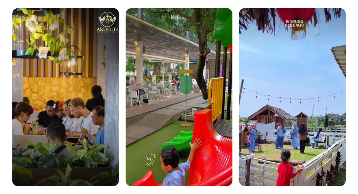 Cari restoran ramah anak di Bogor? Nikmati tempat makan dengan area bermain, menu keluarga, dan suasana nyaman untuk liburan bersama anak.     (Instagram/ardhitarestaurant - hopa.place - warungkebunQu)