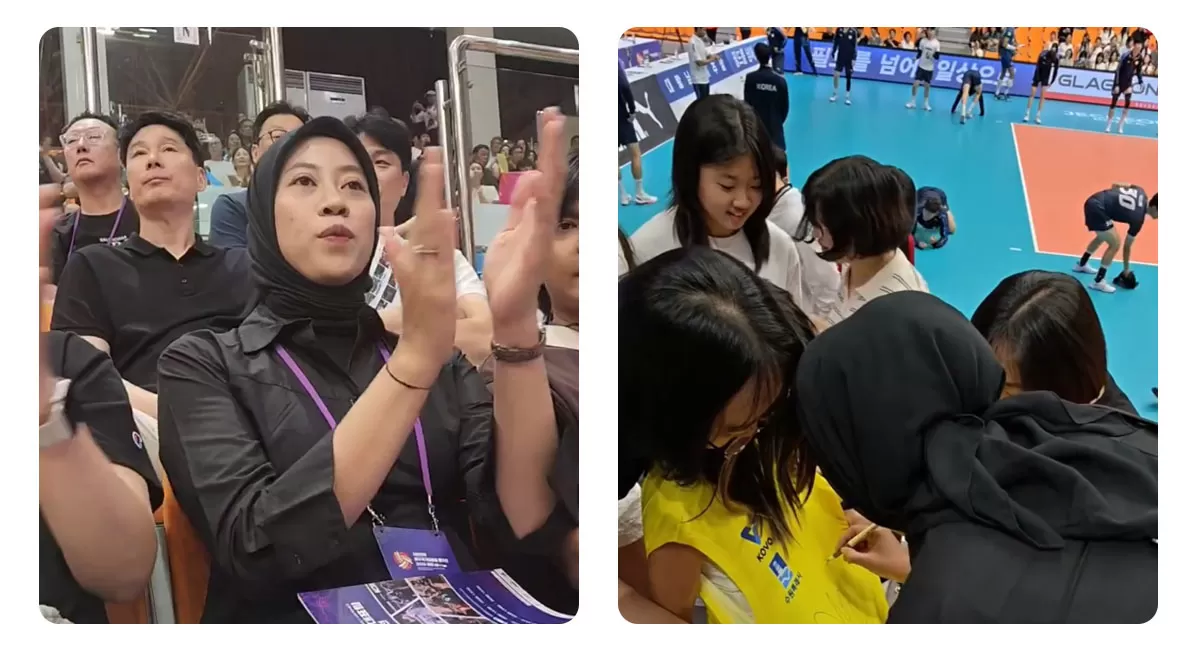 Megawati Hangestri terlihat menyapa para pemain Indonesia dan Korea Selatan serta berinteraksi hangat dengan penggemar di Tribun GOR Jecheon, Korea Selatan. (Instagram/neil_haihata_alzam)
