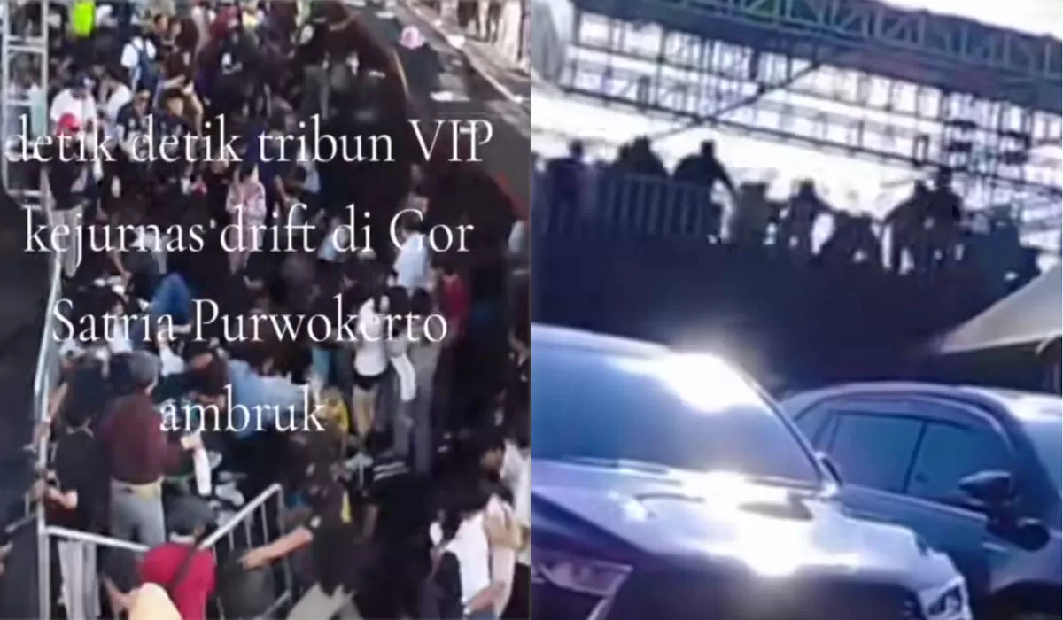 Tribun VIP Drift Speed Fest Purwokerto ambruk saat acara berlangsung. Sebanyak 90 korban mendapat perawatan di 11 rumah sakit dan polisi menyelidiki.  (TikTok/mr_dri123)