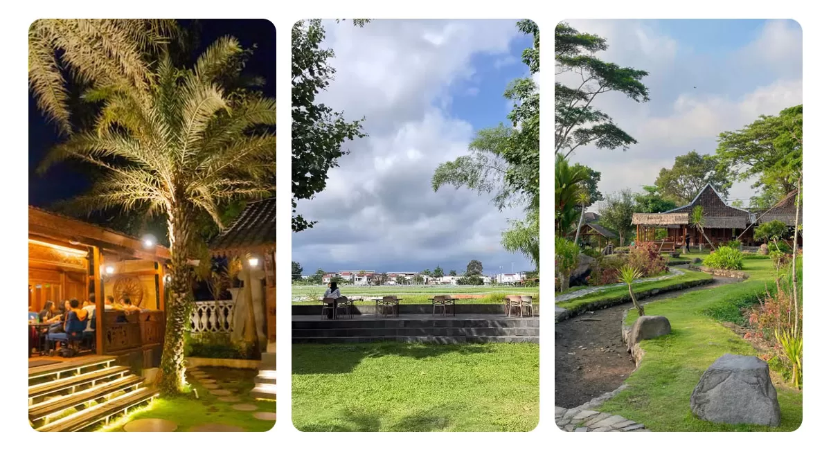 Cari tempat makan keluarga di Jogja? Tiga pilihan ini punya suasana berbeda, dari nuansa Joglo, ruang luas modern, hingga area hijau dekat sungai.   (Instagram/wedangkopiprambanan - balcos.co - watoegadjah)